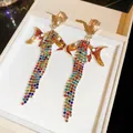 Vibrant fish-shaped drop earrings with colorful rhinestone tassels and waterdrop stud - Colorful Fish Silver Earring Post Tassel Style (41#)