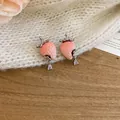 Détail de boucles d'oreilles fraises en résine rose avec gouttes de cristal étincelantes. - Style Tige en Argent (HE33698-1) / Blanc