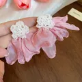 Close-up of pink chiffon flower pearl earrings with delicate seed bead details. - Chiffon Flower Style (HE31879) / Pink