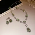 Elegant palace style green crystal necklace and teardrop earrings jewelry set for women - Necklace and Stud Earrings / Green