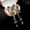 Luxury long tassel drop earrings with colorful floral crystal charms - Silver Post Multicolor Floral Tassel Style (69)
