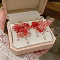 Primer plano de pendientes de borla con flores rosas en un joyero de regalo rosa - Estilo Pendientes de Aro con Cierre / Rosa