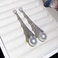 Elegant long drop pearl earrings with crystal-encrusted cone detail for women jewelry - Pearl Conical Tassel Style (76)