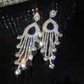 Glamorous silver tassel earrings with sparkling rhinestones in a elegant long dangle style - Large Geometric Tassel Style (79)