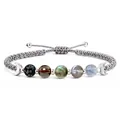 Vue détaillée d'un bracelet de guérison tressé avec perles de lune, obsidienne et lunes d'argent - Bracelet Phase de Lune 4 (Style Tressé Gris)