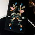 Long colorful marquise crystal leaf tassel earrings with sparkling drop design - Leaf Branch Tassel Style (Silver Earring Post) (83#)