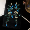 Elegant long leaf tassel earrings with multi-color crystal droplets for women party - Marquise Crystal Tassel Style (Silver Earring Post) (84#)