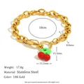 Detail view of gold plated cherry bracelet showing size, weight and material specs - Cherry Charm Chunky Link Bracelet (B0729) / Gold