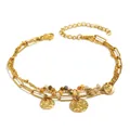 18K gold plated stainless steel double layered bracelet with colorful beads and textured gold charms - Multicolor Coin Paperclip Bracelet (B0697) / Gold