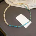 Elegant bohemian style necklace featuring white pearls and light blue crystal beads - Blue Disc Crystal Splicing Style / 46# Necklace-Gold-Blue-White