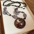 Elegant bohemian retro crystal geometric necklace featuring a stylish leopard print ring pendant - Circular Resin Leopard Pendant Style / 73# Necklace-Black-Zebra