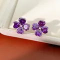 Eleganti orecchini a lobo a quadrifoglio viola a forma di cuore con zirconi cubici - Stile Quadrifoglio Zirconia Viola / Argento Viola Scuro