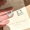 Detailed view of silver trapezoid hoop earrings paved with sparkling cubic zirconia - Geometric Trapezoid Rhinestone Ear Buckle (9#) / Silver