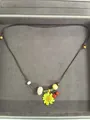 Handmade leather cord necklace with ceramic yellow flower and wooden beads charm - Coffee-Yellow-Round