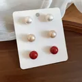 Minimalist set of three pairs of elegant round stud earrings in white, nude, and red colors - 6 Pairs Set / Multicolor Round