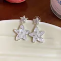 Primo piano di orecchini a stella color argento con intarsi bianchi e strass - Stile Doppia Stella (HE32050) / Argento