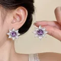 Elegant purple zircon flower clip-on earrings featuring white marquise crystal petals - Clip-On Earrings / One Pair / Purple