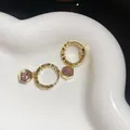 Elegant French style gold huggie hoop earrings with hexagonal pink zircon pendants - Geometric Hexagon Style (HE32603) / Gold Plated Pink