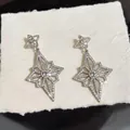 Elegant silver needle rhombus flower drop earrings with sparkling rhinestone studs - Silver
