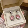 Elegant French style pink acrylic oval drop earrings with silver finish in a jewelry box - Oval Pendant Style / Pink