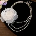 Detail of elegant multi-layer rhinestone choker featuring a large white chiffon flower - Necklace (Silver-White)