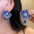 Elegant vintage camellia stud earrings with blue crystals and central pearl for women - Vintage Flower Style / Silver Earring Post - Silver - Blue