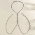Elegant silver double-layer body chain with heart beaded center for sexy bikini beach wear - Heart Beaded Rhinestone Style (7474)