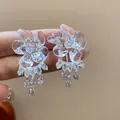 Close-up of elegant resin flower earrings with sparkling dangling zircon tassels. - Zirconia Cluster Tassel Style (2#) / Silver