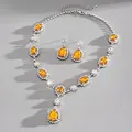 Vintage amber crystal necklace and earring set with silver-tone detailed stones - Necklace And Earrings Set / Coffee