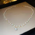 Elegant French style double layer pearl necklace with gold beads and large teardrop pendant - 35# Necklace - Gold Double-layer