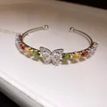 Elegant silver-colored butterfly open bangle bracelet with colorful teardrop zircon stones - Silver-Multicolor