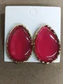 Elegant pink resin teardrop stud earrings with textured gold-toned metallic rim - Gold-Rose Red