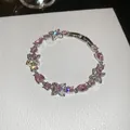 Elegant silver-tone bracelet featuring pink teardrop and star-shaped micro-set zircons - 63# Bracelet / Silver Pink