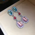 Macro detail of multi-color gemstone drop earrings with silver needle and zircon - Silver (Silver Pin) / Blue-Pink
