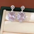 Eleganti orecchini pendenti con zircone rosa ovale per set di gioielli di lusso chic - Orecchini con perno in argento-Ovale / Rosa