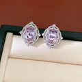 Eleganti orecchini a lobo in zirconia cubica rosa rettangolare con design in stile palazzo - Gioielli con perno in argento / Argento-Rosa