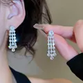 Detailed view of sparkling cubic zirconia tassel earrings with silver-tone finish. - Three-Row Staggered Tassel (42#)
