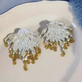 Elegant pearl cluster stud earrings with hanging gold sequin tassels for women - Tassel Studs / Gold-White