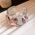 Detailed view of luxury silver cuff bracelet featuring large square pink gemstones - Square Rhinestone Open Style (HB5715) / Pink