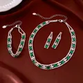 Set gioielli vintage argentato con pietre verde smeraldo e strass scintillanti - Collana Bracciale Orecchini / Verde