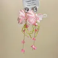 Handmade pink fabric flower drop earrings with crystal studs and beaded tassel accents - 37# Silver Earring Post