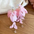 Elegant pink fabric flower drop earrings with gold-tone crystal accents for summer - 45# Silver Earring Post