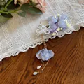 Fermaglio per capelli con fiori di stoffa viola, pendente di perle e catena dorata - Fermagli per capelli a becco d'anatra / 1 Pezzo / Blu