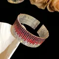 Detailed view of luxury red and white gradient rhinestone multi-row stretch cuff bracelet - Silver Tone Burgundy Red White Gradient