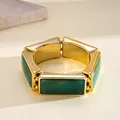 Detailed view of retro chunky bracelet with green resin blocks and gold-tone metal frame. - Western Retro Rectangle Patchwork (HB6097) / Gold-Turquoise
