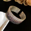 Close-up of elegant gradient rhinestone multi-layer elastic cuff bracelet - Silver Tone Purple Gradient