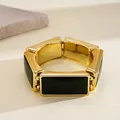 Close-up of retro chunky resin rectangular stretch bracelet in gold and dark green - Western Retro Rectangle Patchwork (HB6097) / Gold - Olive Green