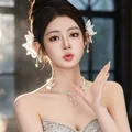 Detailed view of sweet butterfly crystal ear cuffs and necklace worn by a fashion model. - Butterfly Ear Cuff & Necklace Set / Silver