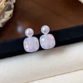 Minimalist elegant square iridescent glass and white pearl stud earrings for women - Square Pearl Design / Pink