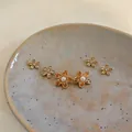 Detail shot of golden zirconia starfish earring set with pearl centers on a plate - 1# Starfish Style
